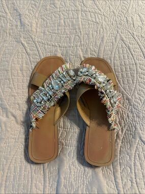 Crown Vintage Multicolor Crystal Fringe Slide Sandals - Tan Footbed